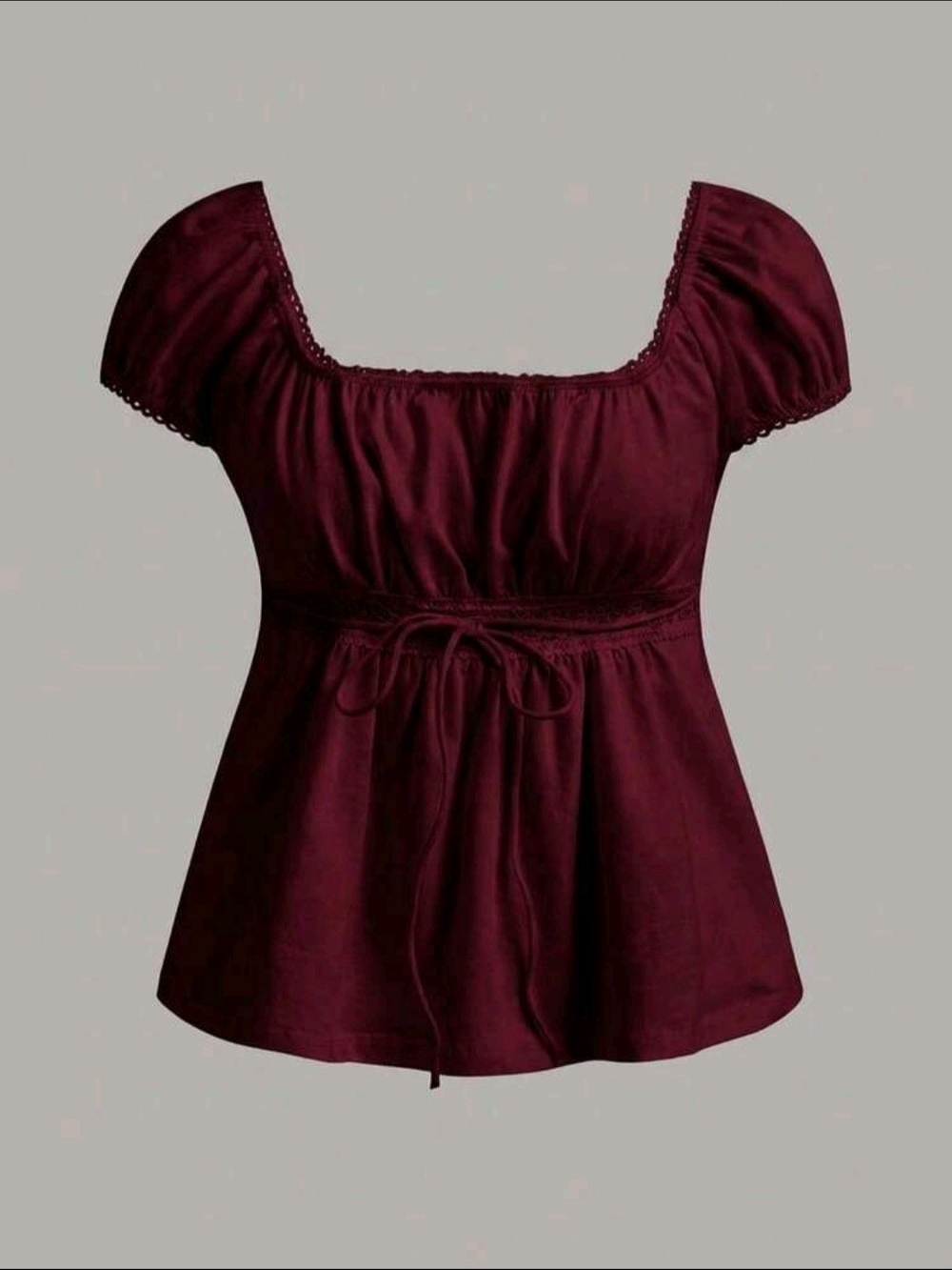 SHEIN Burgundy Square Neck Puff Sleeve Tie-Waist Top